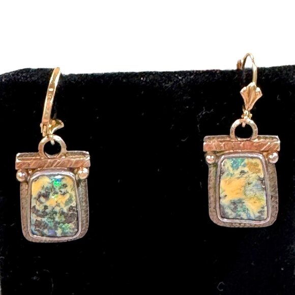 Vintage Lombard Sterling Silver 14K Earrings Abstract Stone Inlay Design Signed - Picture 1 of 7